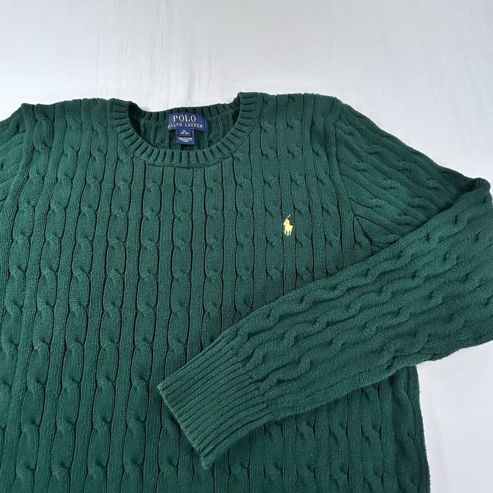 Polo Ralph Lauren Cable Knit Sweater Women XL M Green Crewneck Pullover Pony